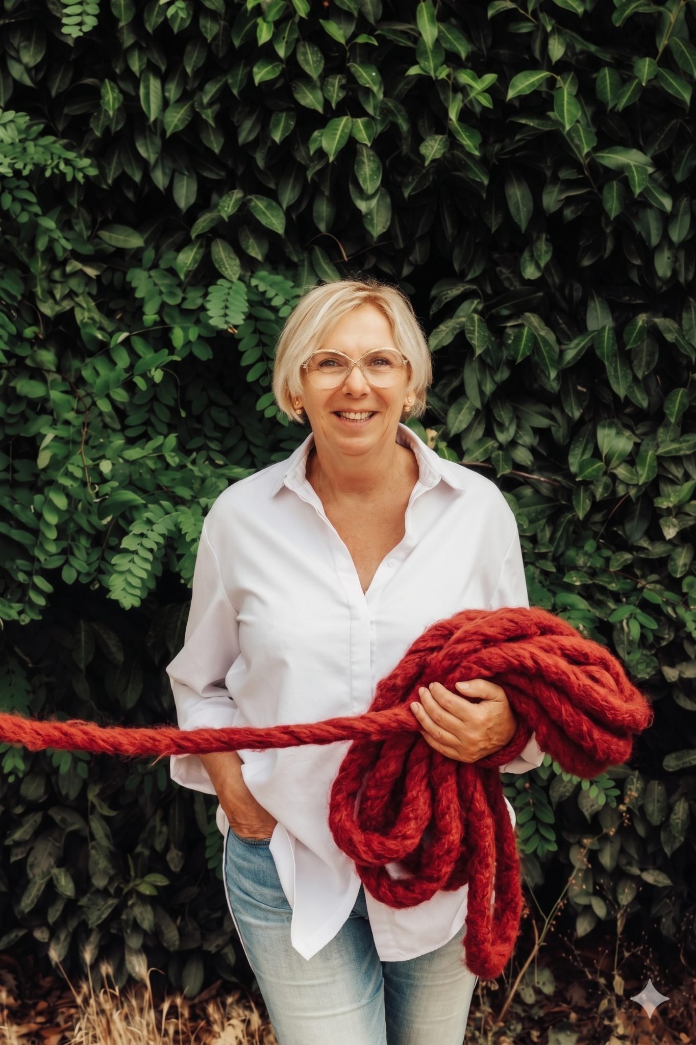 Angela van der Hout, grondlegger van De Rode Draad Methode, met een rode touw